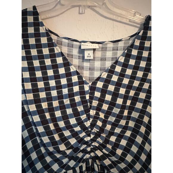 Ava & Viv Woman's 1x  Checkered Short Flutter Sleeve Tiered Dress Pockets - Picture 2 of 7